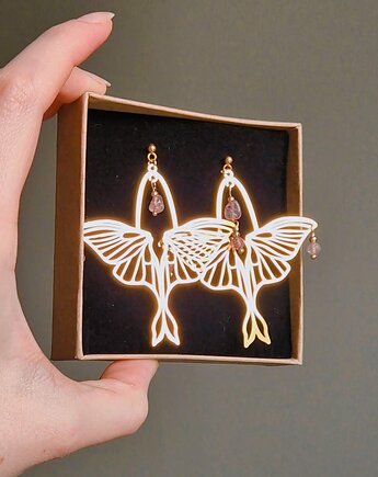 Fairytopia, kolczyki ćmy z kwarcem truskawkowym, Okruszek Biżuteria