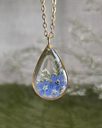 Złoty wisiorek prawdziwe kwiaty zawieszka łezka łza niezapominajki