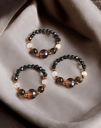 OCHRONA : pierścionek - turmalin, obsydian, kwarc dymny, kryształ górski, kaktusia