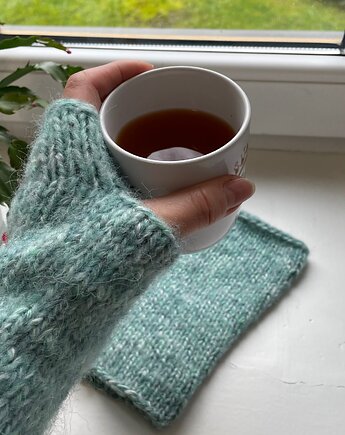 Proste mitenki miętowy melanż unisex dziergane, RękaProduction