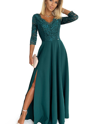 309-5 AMBER elegancka koronkowa maxi suknia z dekoltem - ZIELEŃ BUTELKOWA, NUMOCO