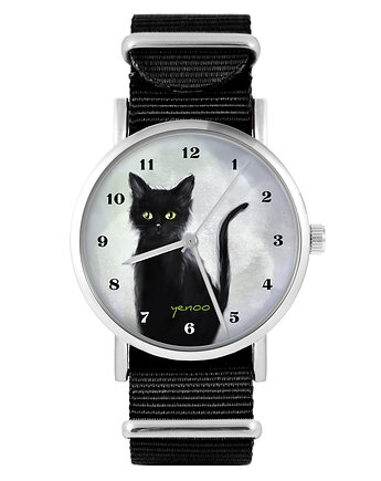 Zegarek - Czarny kot , cyfry - czarny, nylonowy, yenoo