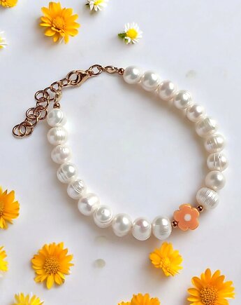 Bransoletka : DAISY : perły naturalne i szklany kwiatuszek, kaktusia