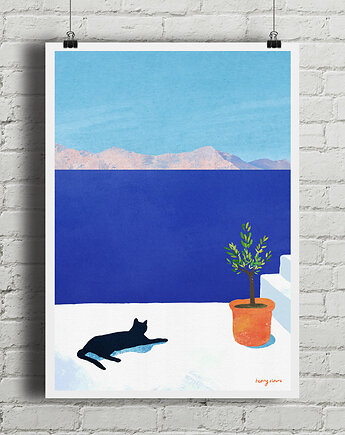 Sjesta nad brzegiem morza - plakat z kotem, minimalmill