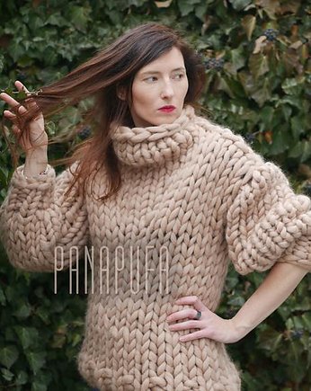 Sweter na drutach oversize 100% wełna, PANAPUFA