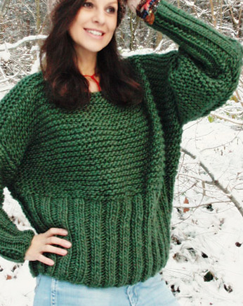 Zielony sweter handmade moher z wełną, Mademoiselle Patrini