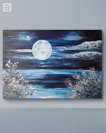 Światło Księżyca obraz olej płótno 70x100 księżyc noc jezioro, kkjustpaint Karolina Kamińska