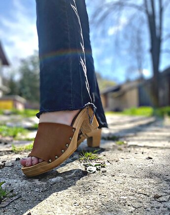 Drewniaki na obcasie ze skóry naturalnej i drewna, MKclogs
