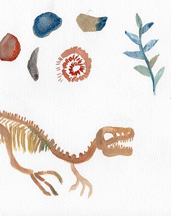 Dinozaur i skamieliny - akwarela, Natalia Kołacz