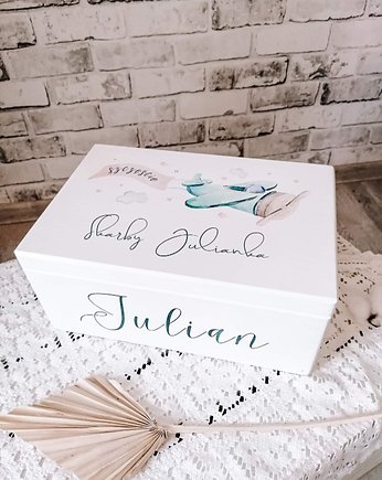 Drewniane, personalizowane pudełko SAMOLOT Z DEDYKACJĄ, chrzest, roczek, LOO LOO DREAM