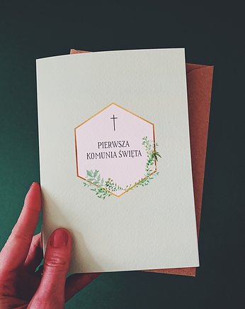 Kartka komunijna w kolorze miętowym z heksagonem, Cudowianki