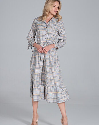 Elegancka rozkloszowana sukienka koszulowa za kolano z rękawem 3/4 - M840, FIGL