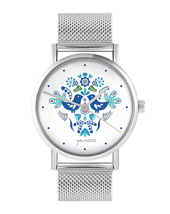 Zegarek - Ptaszki folkowe blue - bransoleta mesh, yenoo