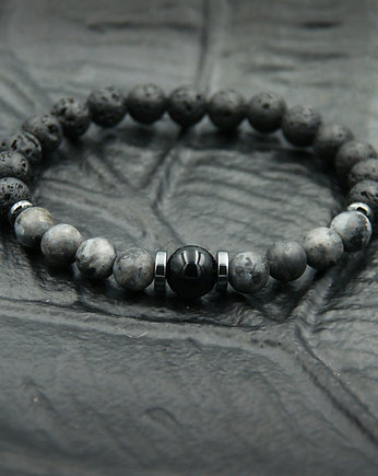 Labradoryt, onyks, lawa : męska bransoletka, kaktusia