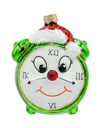 Bombka choinkowa: Zegar z czapką Świętego Mikołaja: zielony, Syn Bombkarza