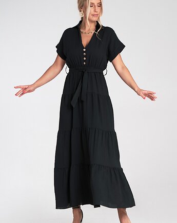 Długa sukienka maxi oversize z dekoltem w serek i krótkim rękawem - M1195, FIGL