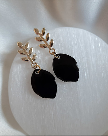 Czarno-złote kolczyki, małe listki, 2, Figa handmade accessories