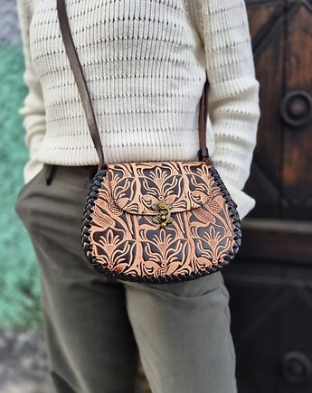 Torebka skórzana Julia beżowa kwiaty ręcznie robiona, SempreArte