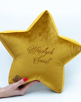 Poduszka dekoracyjna gwiazdka, świąteczna velvetowa - grawer Wesołych Świąt, Mama Otula