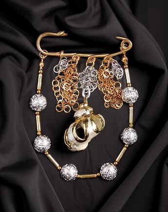 PREMIUM : broszka srebrno-złota z muszlą : efektowna, okazała, kaktusia