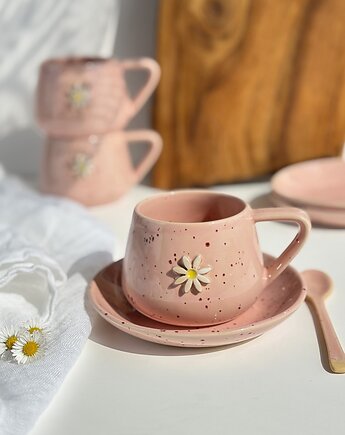 Filiżanka ze spodkiem beczułka ręcznie robiona 250 ml - Stokrotka różowa, Ceramika Tyka