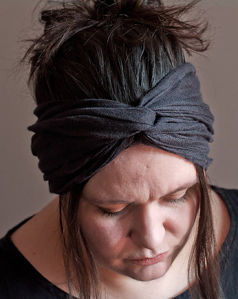 Opaska lniana, turban, mini-szalik, wstęga do włosów - antracytowa 170 cm, TAFTYLI