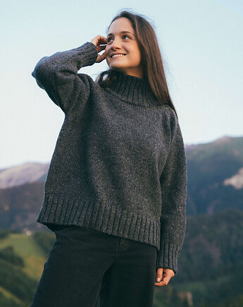 TAJRA - Oversizowy Sweter z Golfem Szary Melanżowy 100% Wełny Merino, KOPYTO
