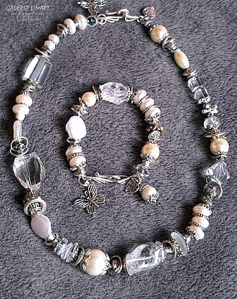 Naszyjnik i bransoletka z kryształu górskiego i pereł unikat ręcznie robiony, Galeria Limart