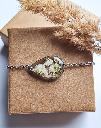 Bransoletka z żywicy łezka srebrna kwiaty białej gipsówki, Kwiat Paproci