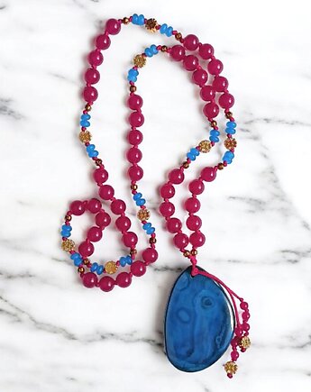 UNIKATOWY naszyjnik supełkowany : fuchsia & blue : agat i jadeit