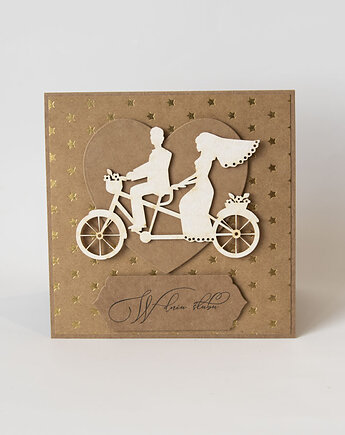 Kartka ślubna z parą młodą na rowerze, Papiernik