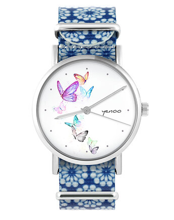Zegarek - Motyle - niebieski, kwiaty, yenoo