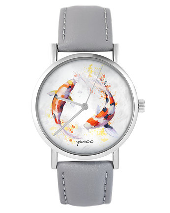 Zegarek - Karpie Koi - skóra, szary, yenoo