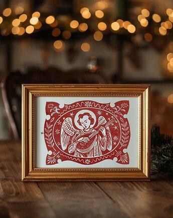Anioł grający na lutni vintage grafika Boże Narodzenie dekoracja, black dot studio