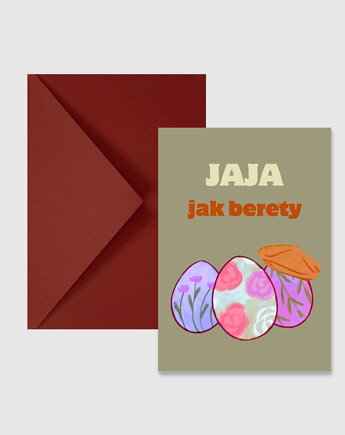 Wielkanoc pocztówka z humorem, jaja jak berety, DODUMU