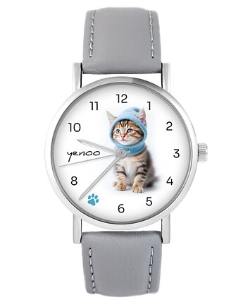 Zegarek - Kotek - szary, skórzany, yenoo