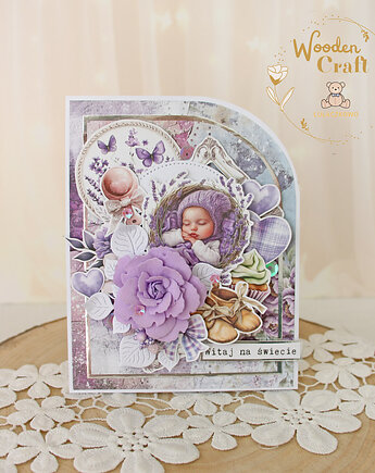 Cudowna kartka z okazji narodzin maluszka, gratulacje "Violet Baby", Lulaczkowo