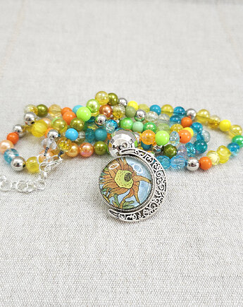 6757 długi, kolorowy naszyjnik z wisiorkiem; dwustronny wisiorek; słoneczniki, kama4you