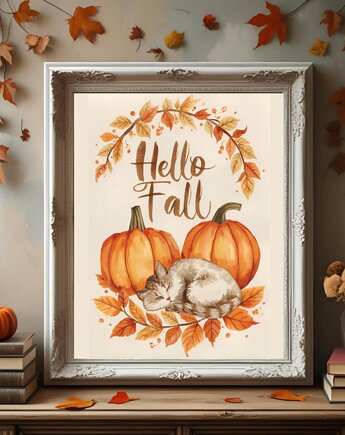 PLAKAT jesienny dynie kotek ilustracja, black dot studio