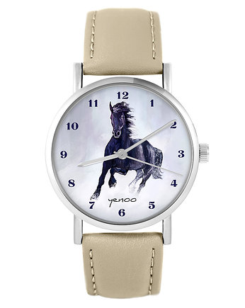 Zegarek - Czarny koń, cyfry - skórzany, beżowy, OKAZJE - Prezenty na 18 dla chłopaka