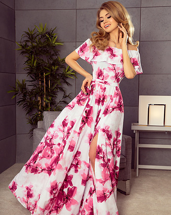 194-2 Długa suknia z hiszpańskim dekoltem - duże różowe kwiaty, NUMOCO