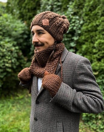 Męska czapka MERINO Smile Brąz + podszewka JEDWAB