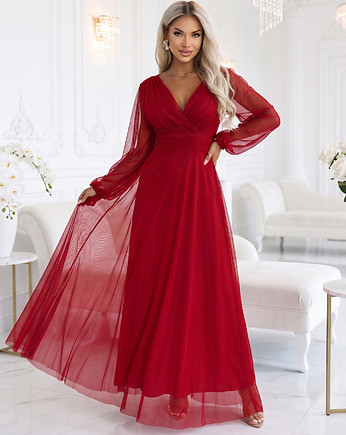 684-1 NERISSA elegancka tiulowa sukienka maxi z kopertowym dekoltem - bordo, NUMOCO