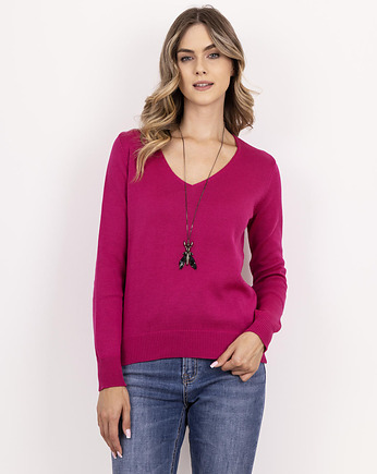 Dzianinowy sweter z dekoltem w serek - SWE345 amarant MKM, MKMswetry