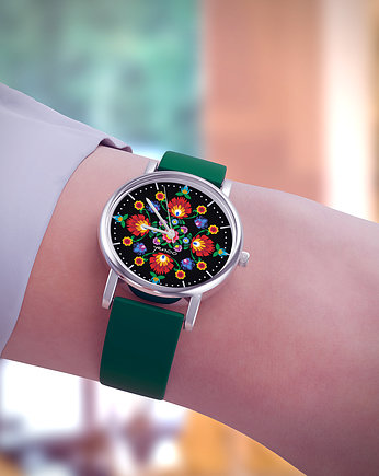 Zegarek  mały - Mandala folk, czarna - silikonowy, zielony, yenoo