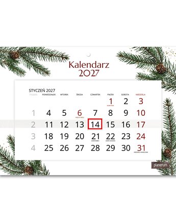 Kalendarz Ścienny Pojedynczy 2027 Gałązka Świerku A4, Planerum