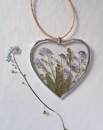 Serce witrażowe z suszonymi niezapominajkami 7,5 cm, BeArt Handmade