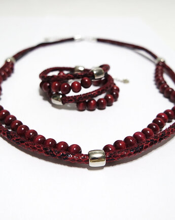 Komplet - Wiśniowy - drewniane korale, bordo, yenoo
