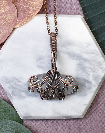 Miedziany wisiorek wire wrapping z kwarcem z rutylem #446, Spirit Of Copper
