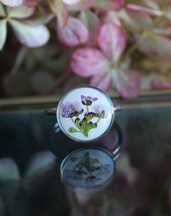 Srebrny pierścionek kwiaty fioletowa smagliczka retro suszony kwiat 002, zkwiatem